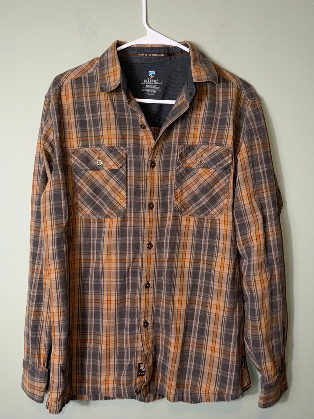 KUHL Men's Plaid Button-Up Shirt in Rust and Gray Medium